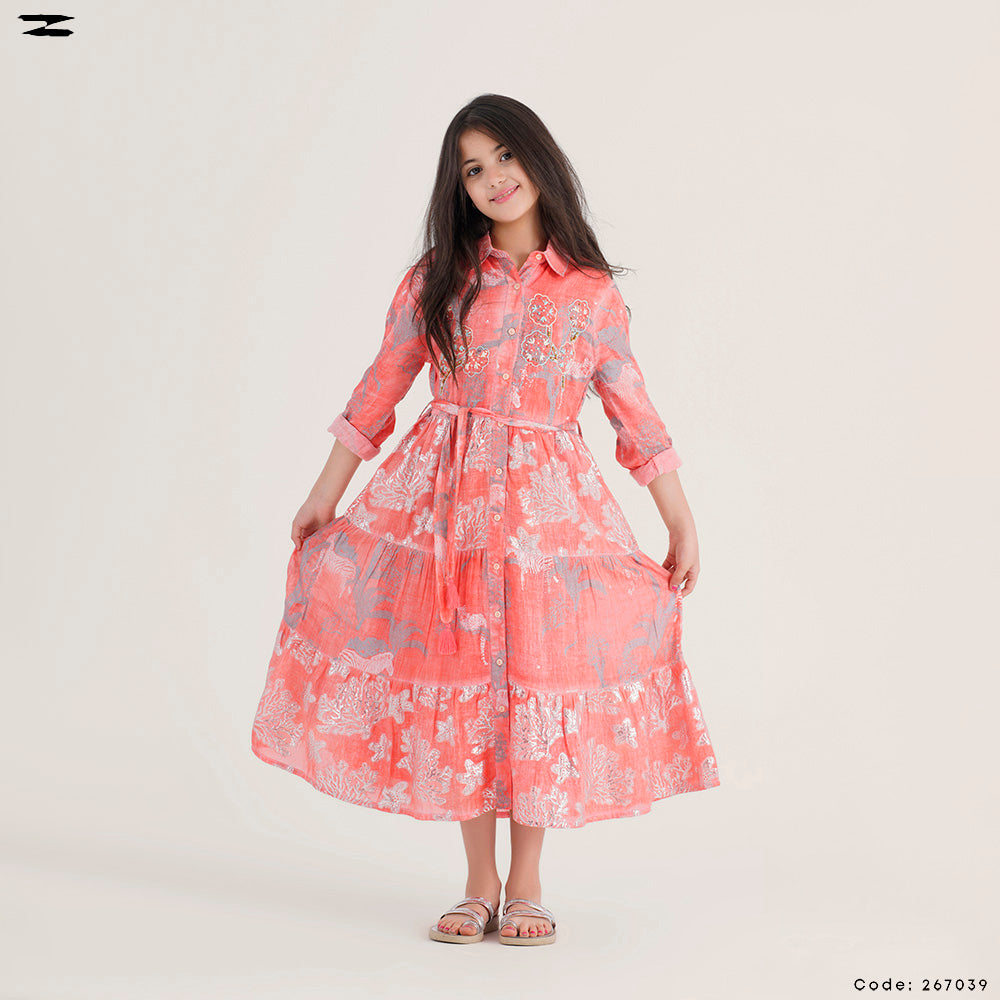 Coral Printed Shirt Dress