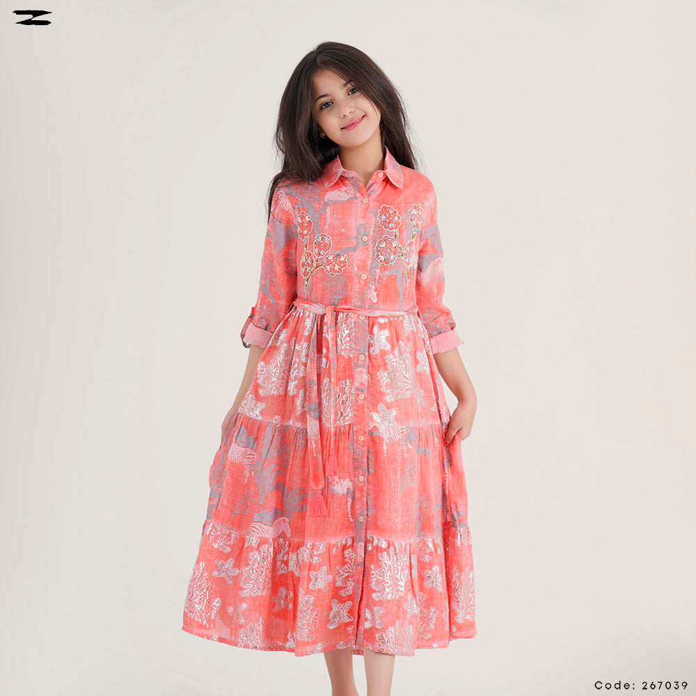 Coral Printed Shirt Dress
