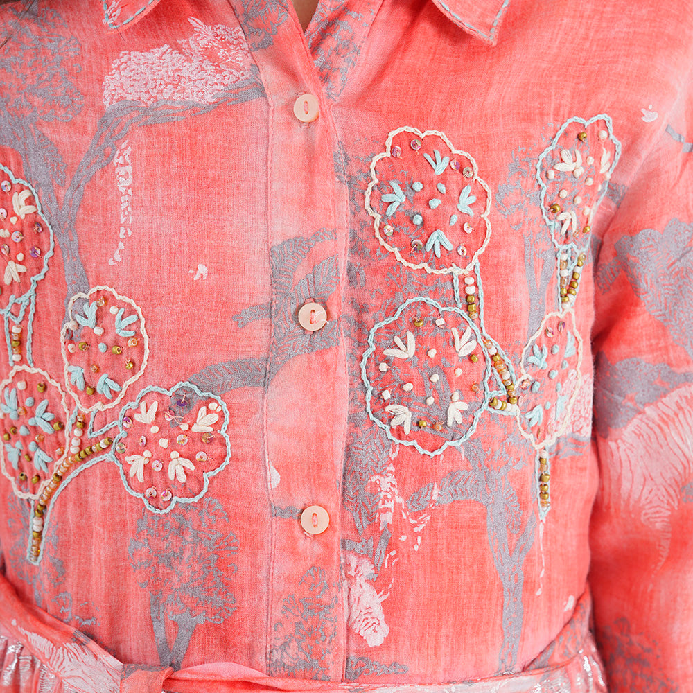 Coral Printed Shirt Dress