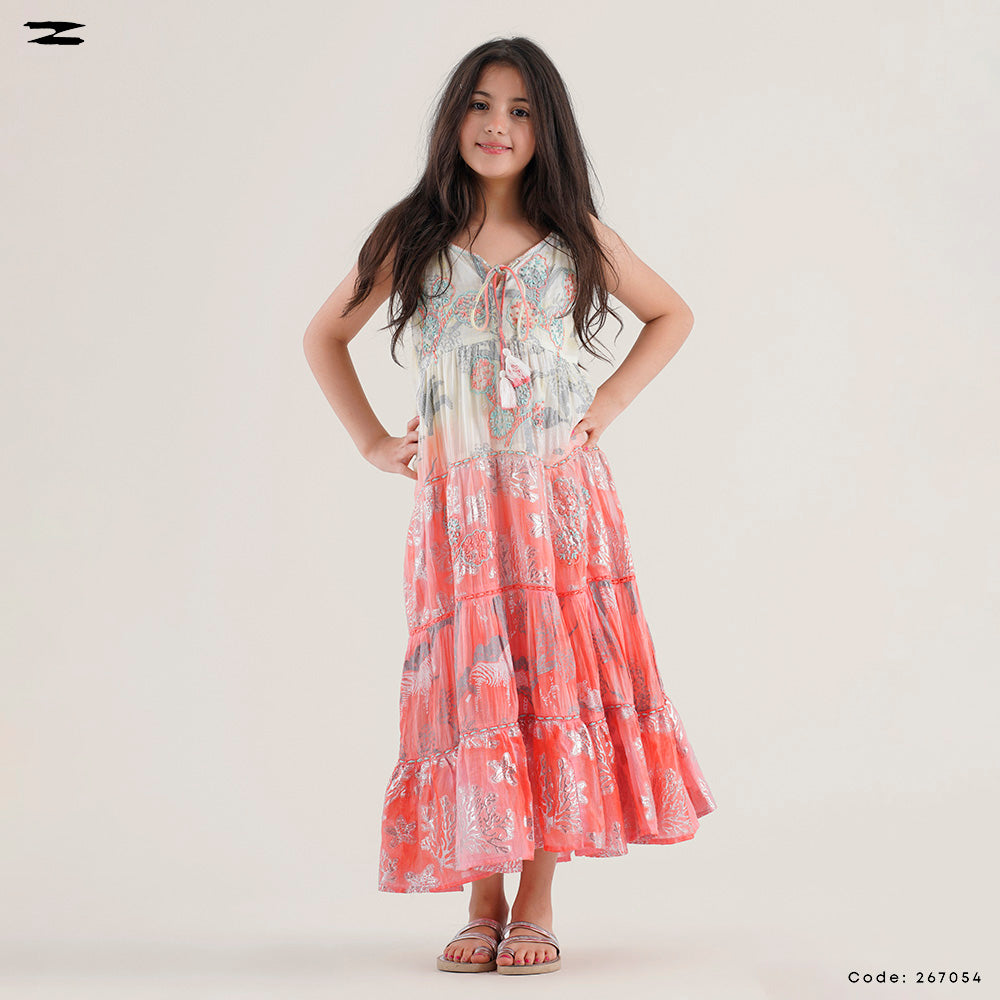Girls Printed Tiered Maxi Dress