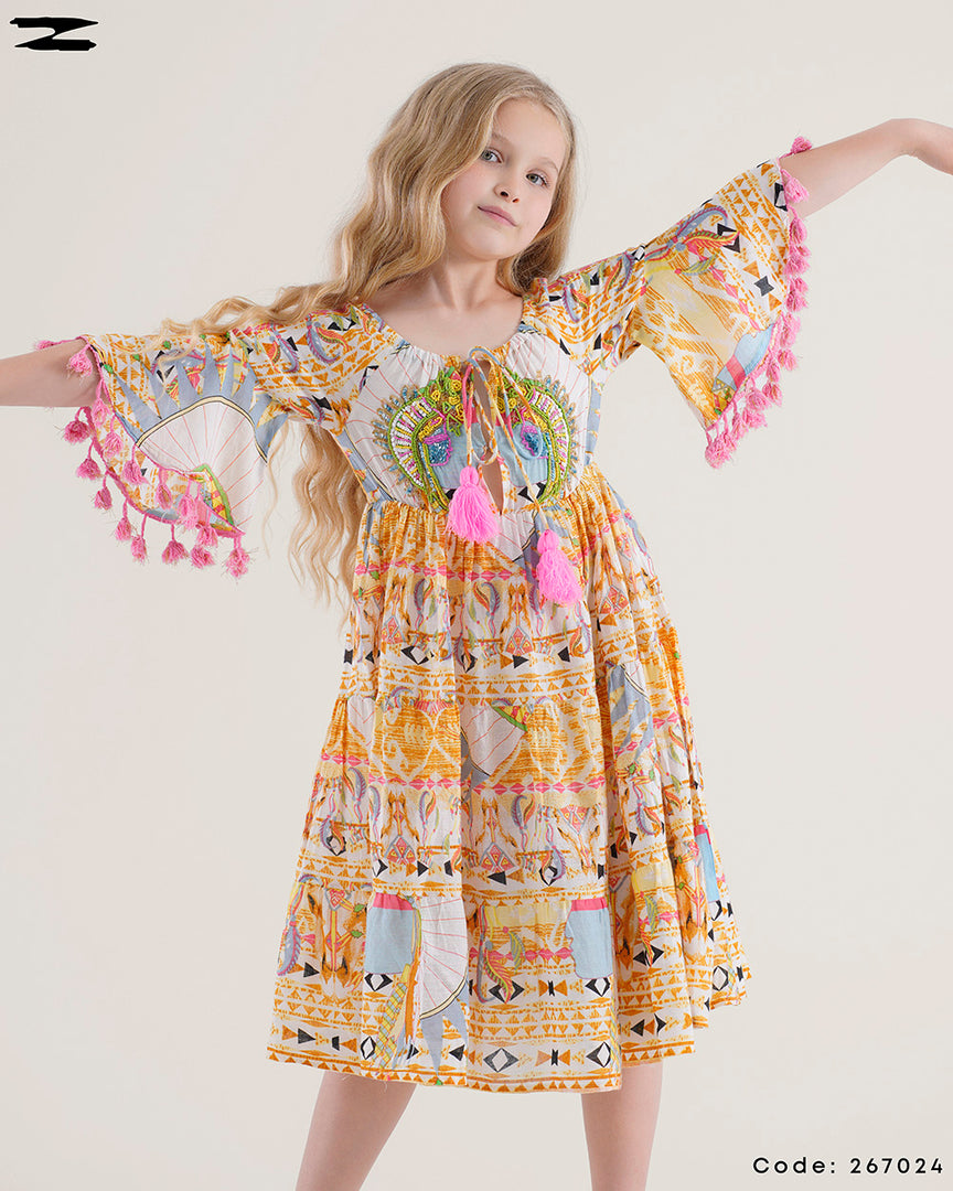 Printed Maxi Dress with Tassels
