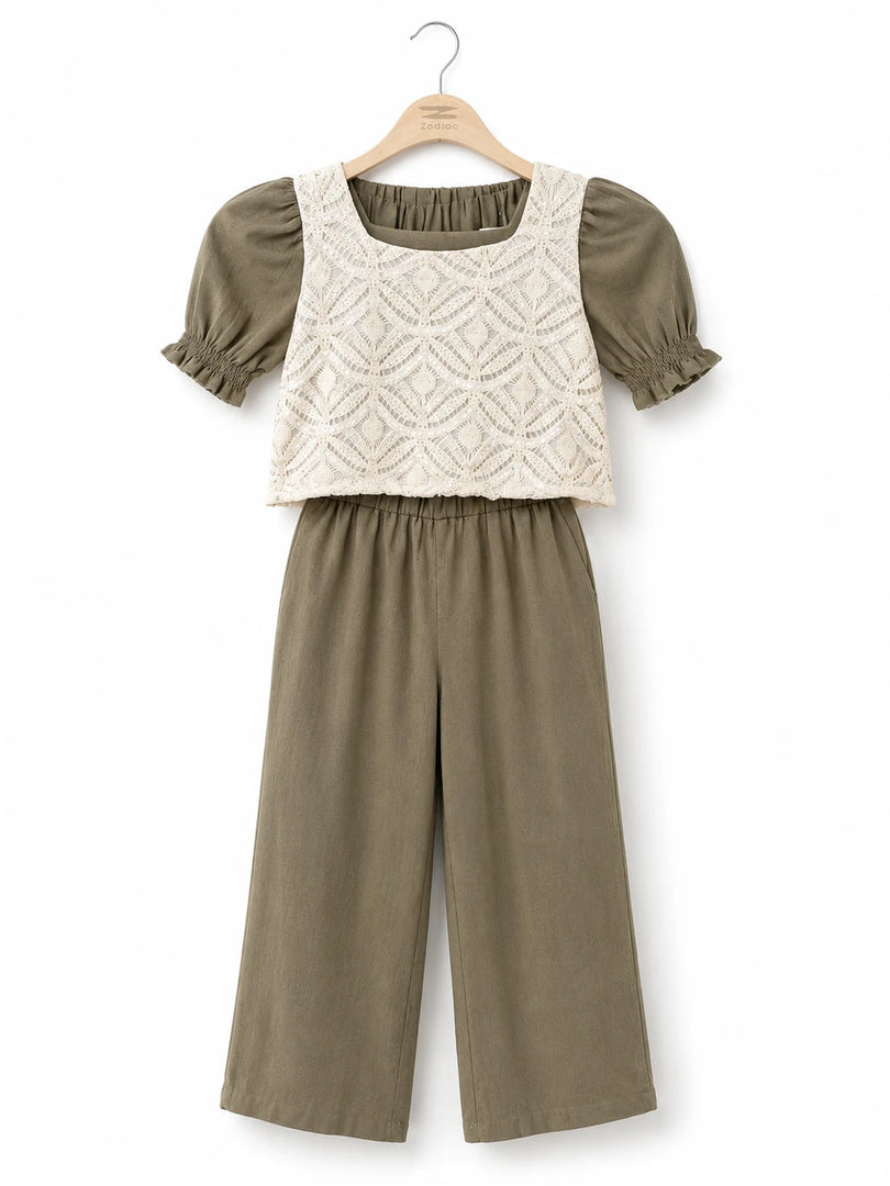 Girls Linen Lace Bodice Top and Wide Leg Pants Set