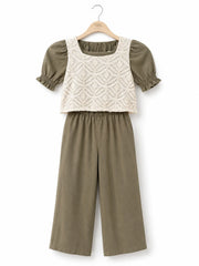 Girls Linen Lace Bodice Top and Wide Leg Pants Set