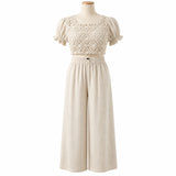 Girls Linen Lace Bodice Top and Wide Leg Pants Set