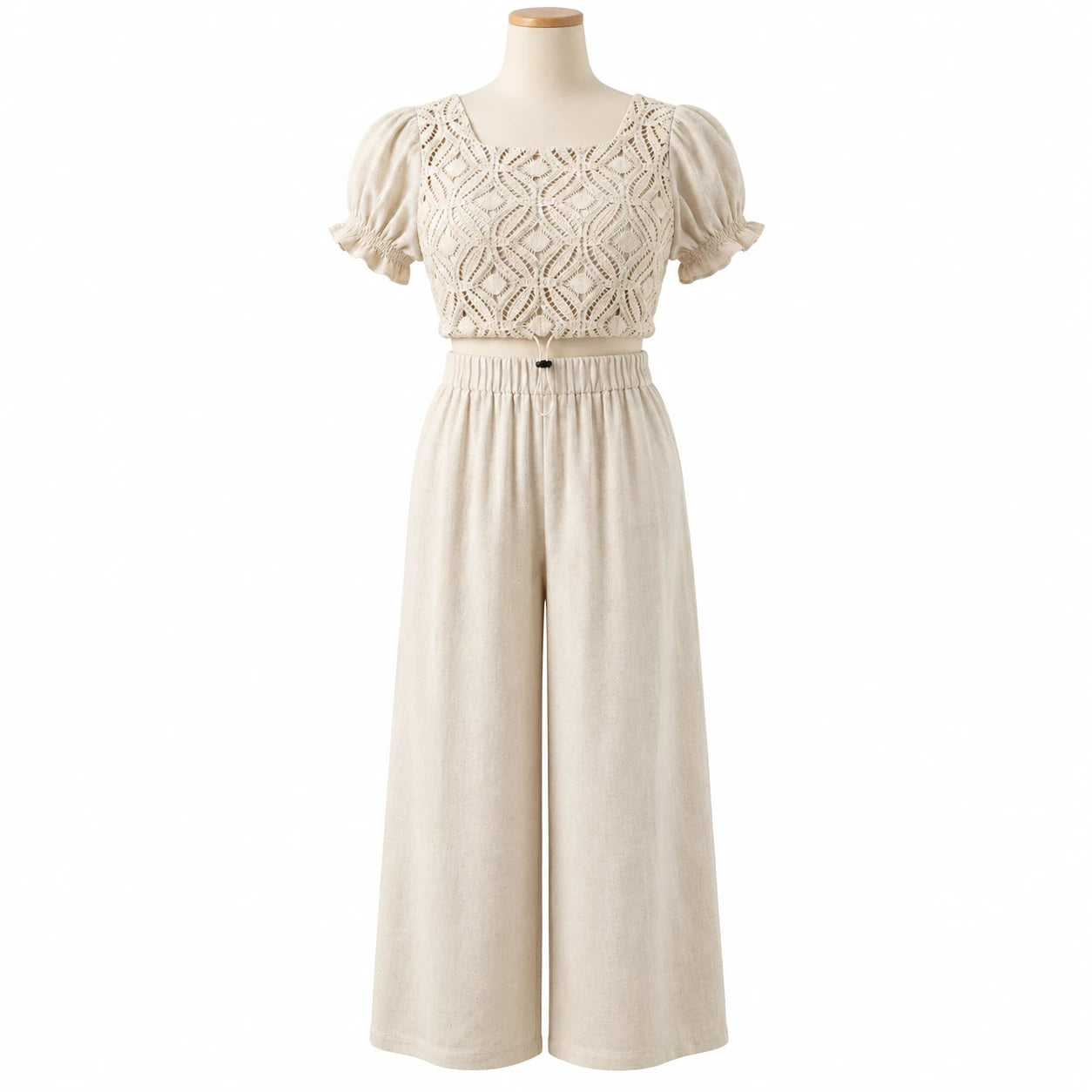 Girls Linen Lace Bodice Top and Wide Leg Pants Set