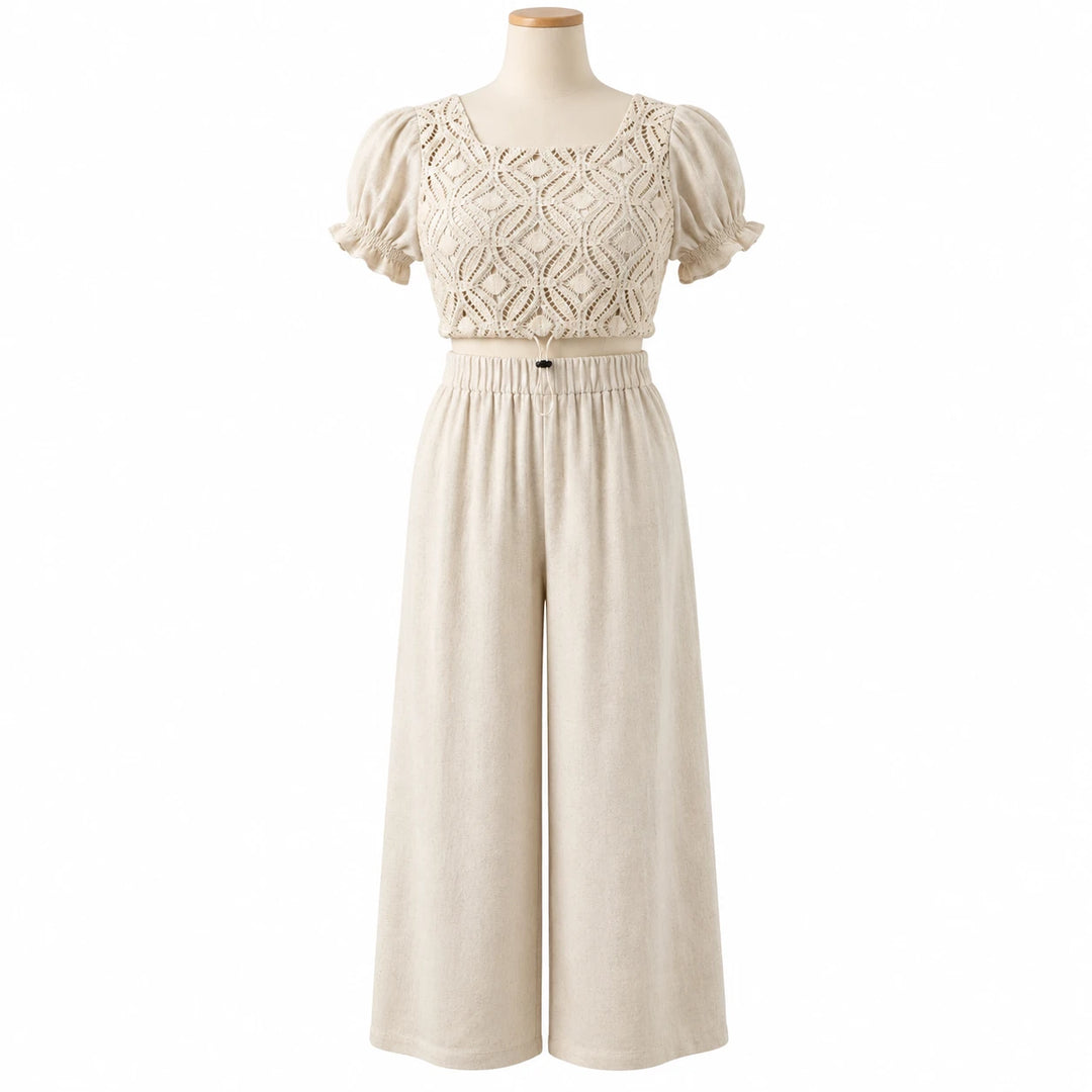 Girls Linen Lace Bodice Top and Wide Leg Pants Set