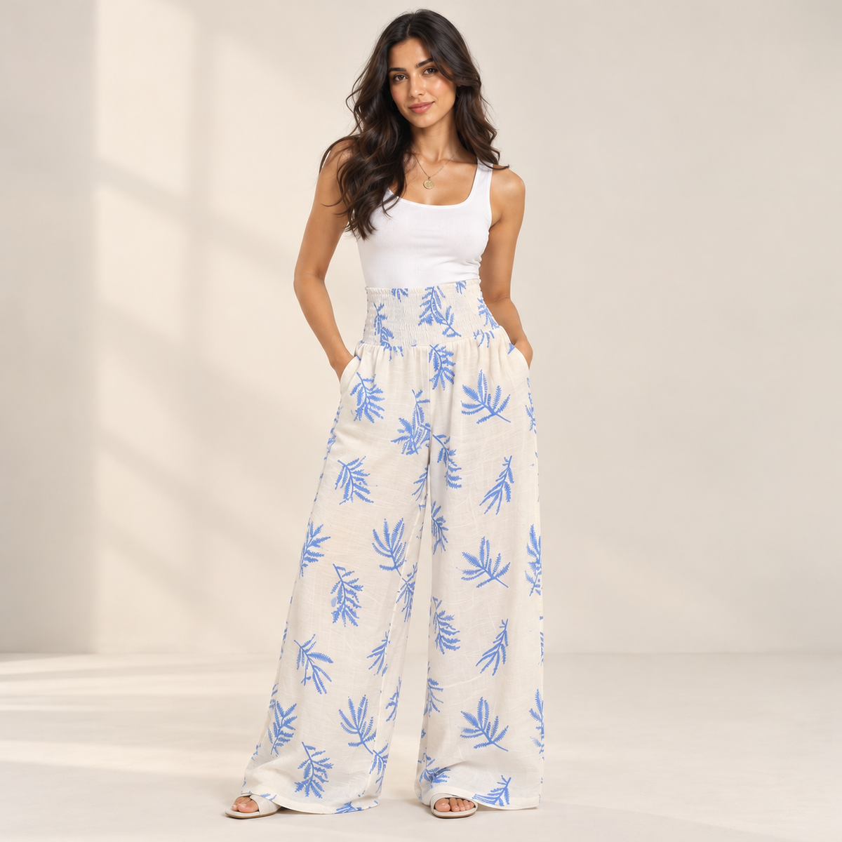 Botanical Print Smocked Wide-Leg Pants