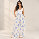 Botanical Print Smocked Wide-Leg Pants