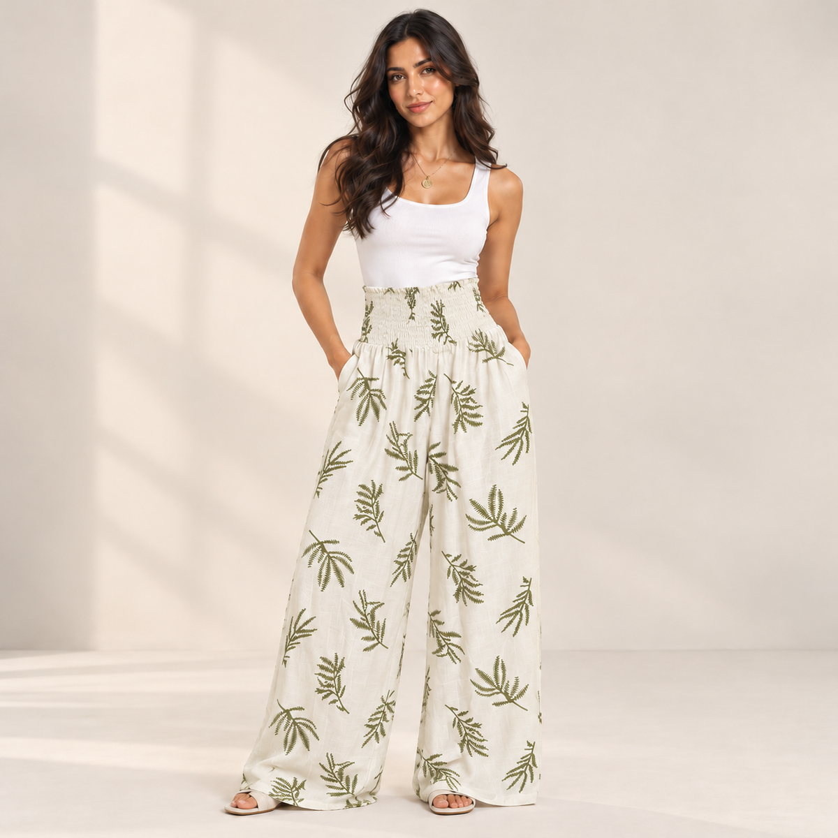 Botanical Print Smocked Wide-Leg Pants