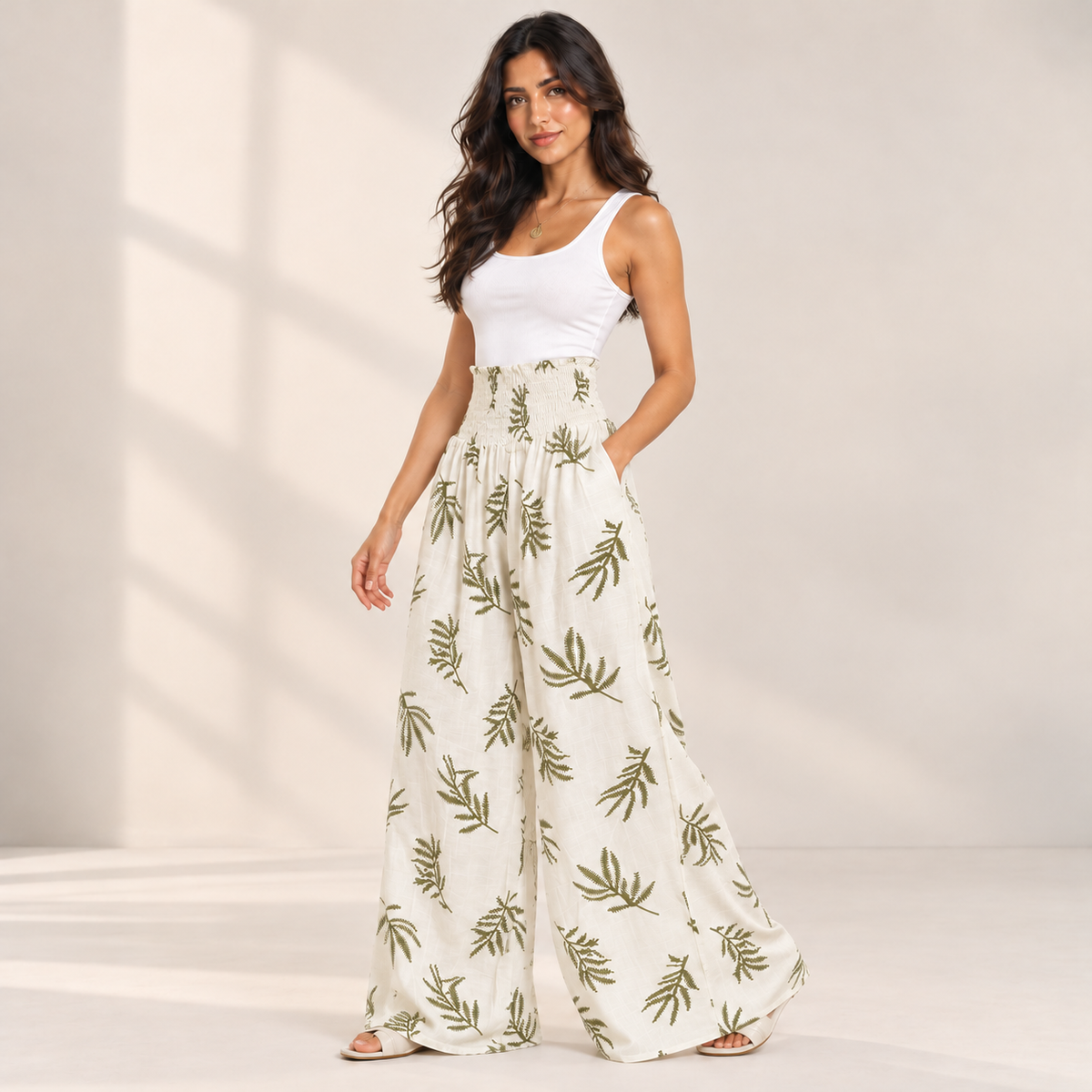 Botanical Print Smocked Wide-Leg Pants