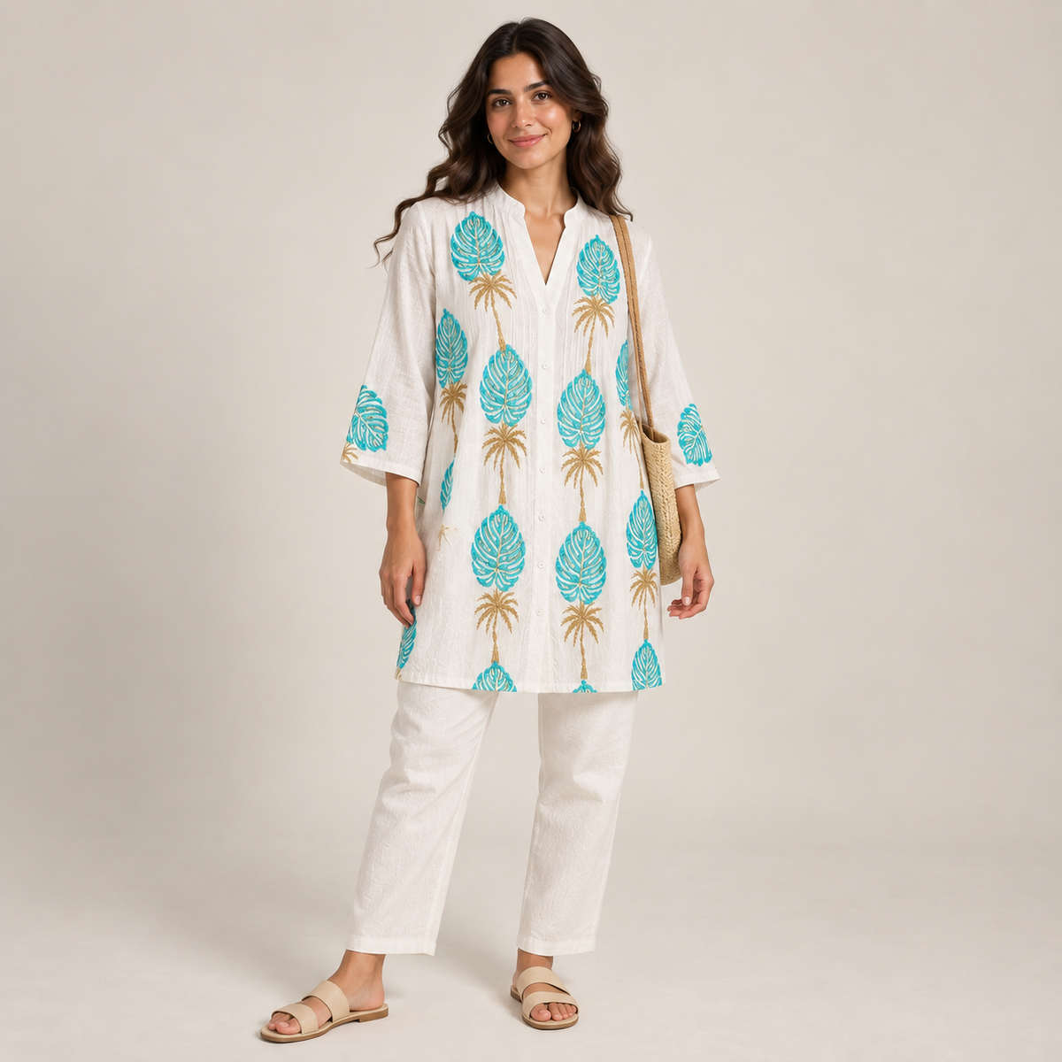 Women Leaf Print Button Front Tunic