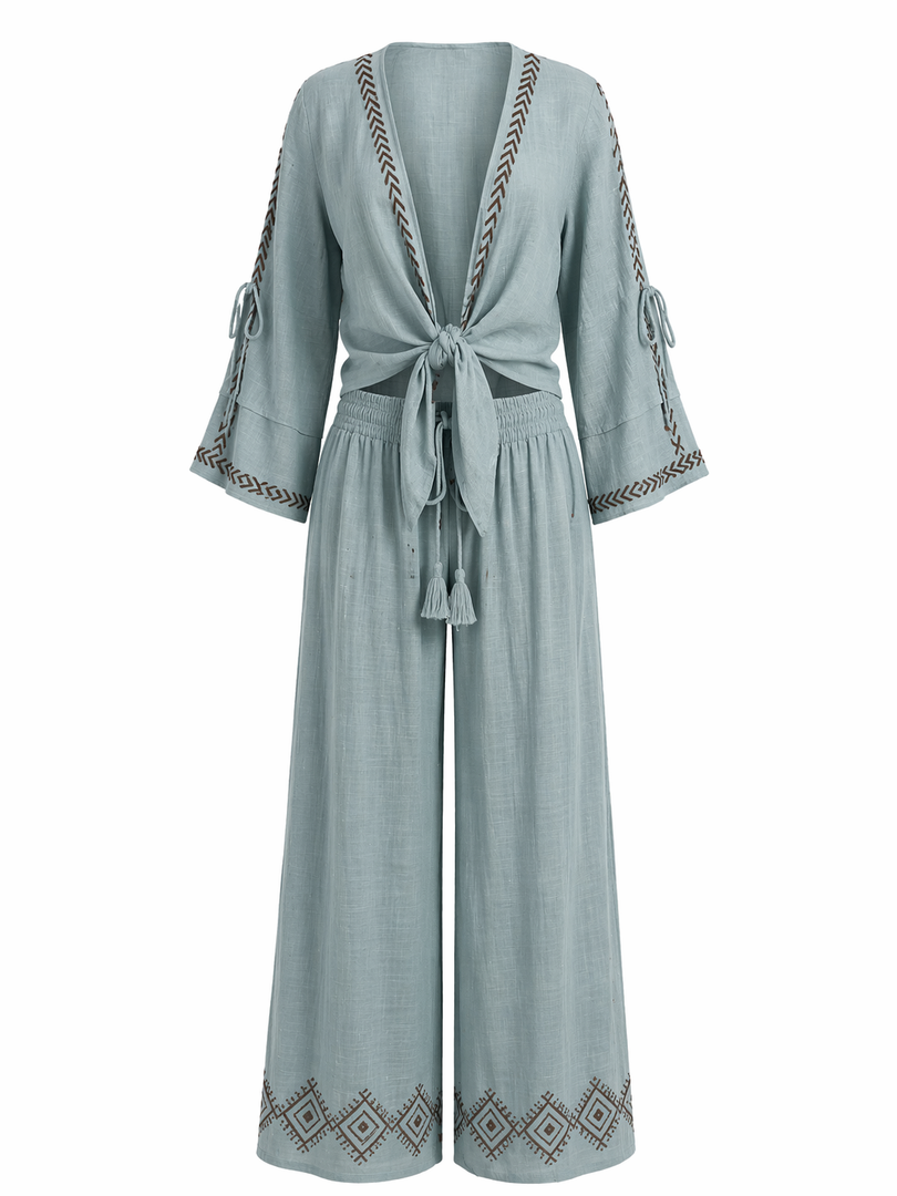 Tie Front Top with Pattern Trim Pants Set