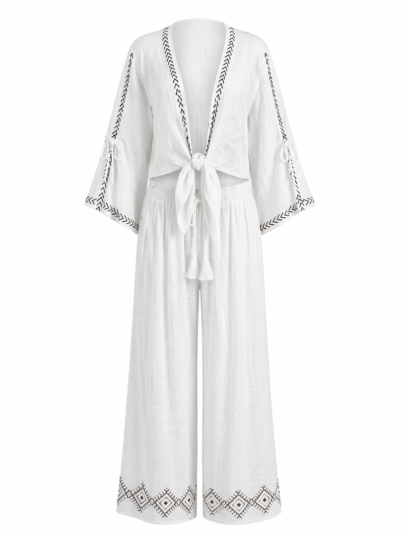 Tie Front Top with Pattern Trim Pants Set