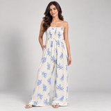 Women's Ivory Fern-Print Strapless Wide-Leg Jumpsuit