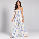 Women's Ivory Fern-Print Strapless Wide-Leg Jumpsuit