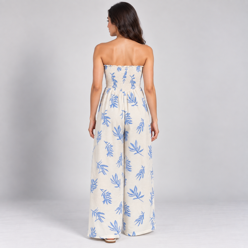 Women's Ivory Fern-Print Strapless Wide-Leg Jumpsuit