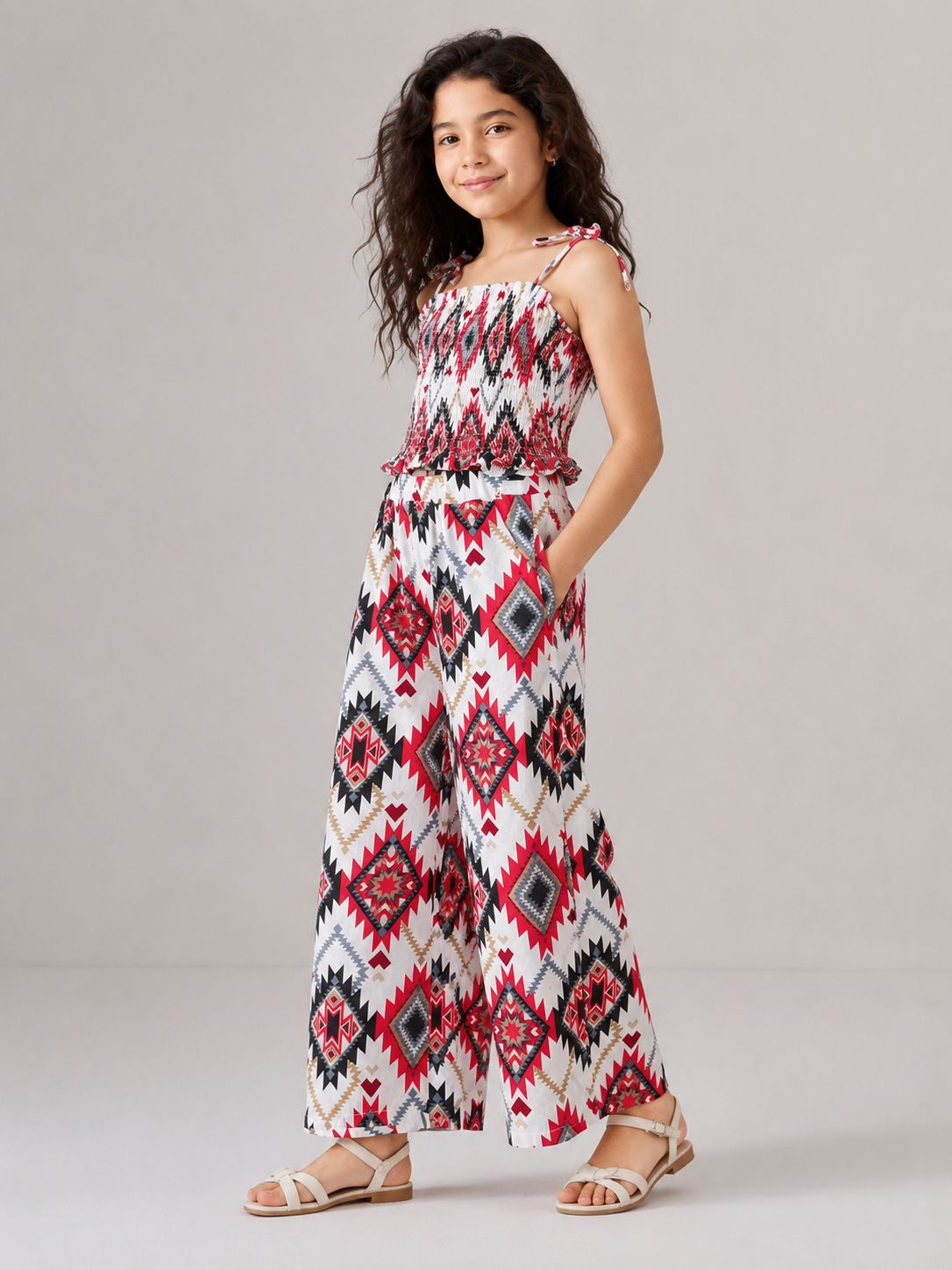 Print Jumpsuit with Smocked Top