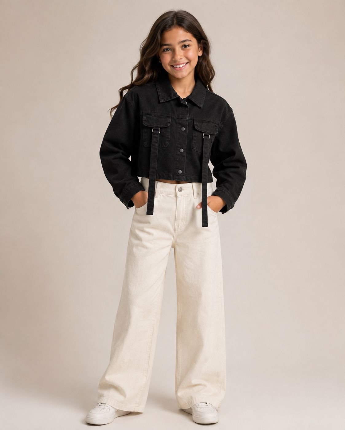 Black Cropped Denim Jacket with Strap Detail
