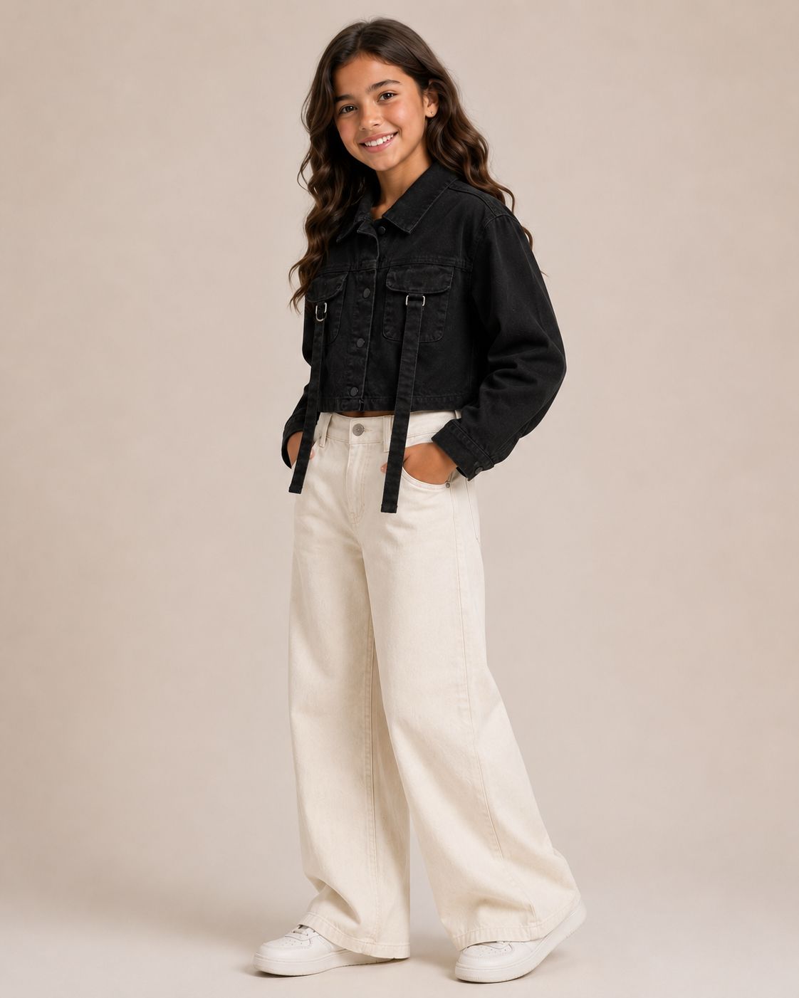 Black Cropped Denim Jacket with Strap Detail