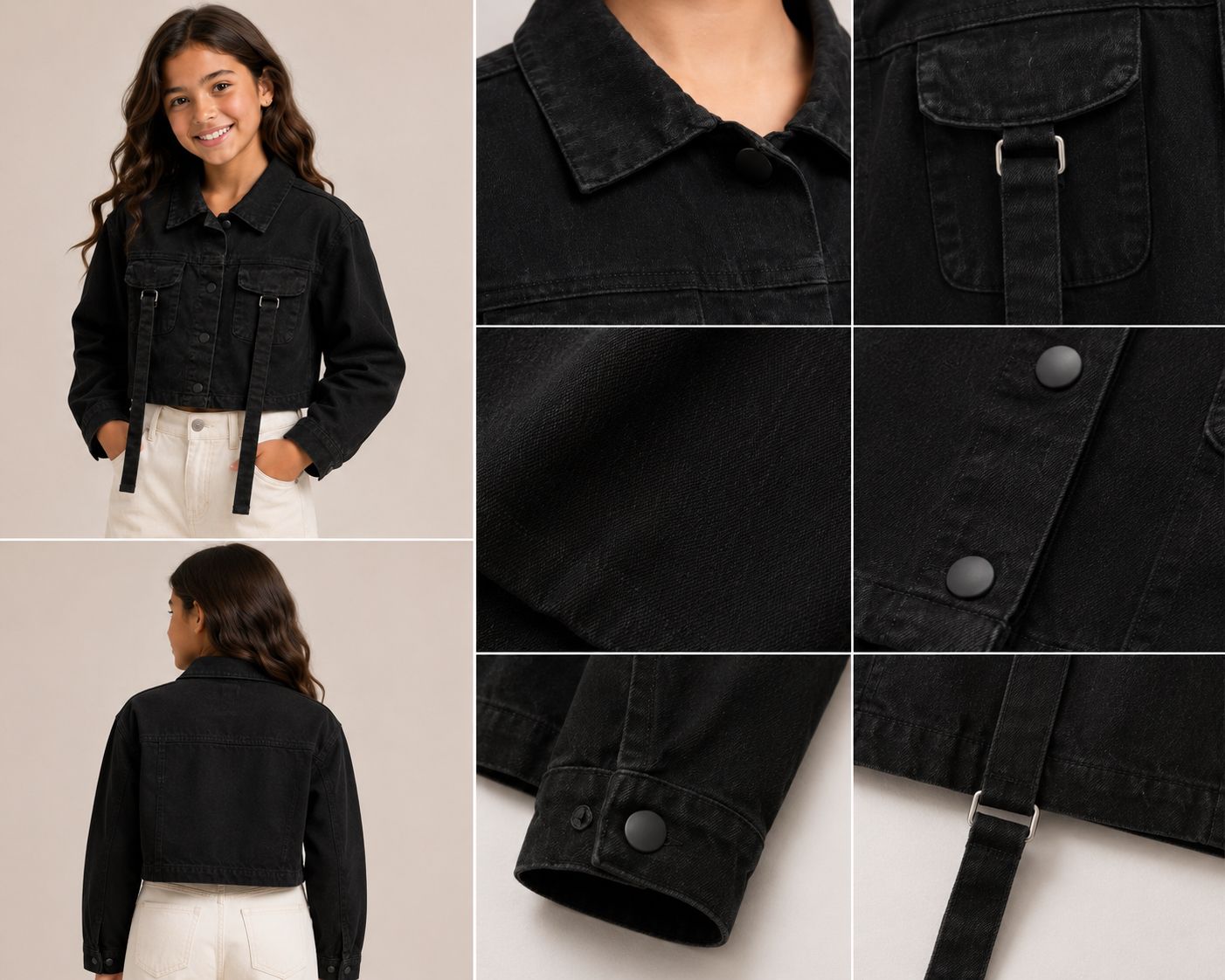 Black Cropped Denim Jacket with Strap Detail