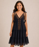 Embroidered Tiered Dress with Tie Straps