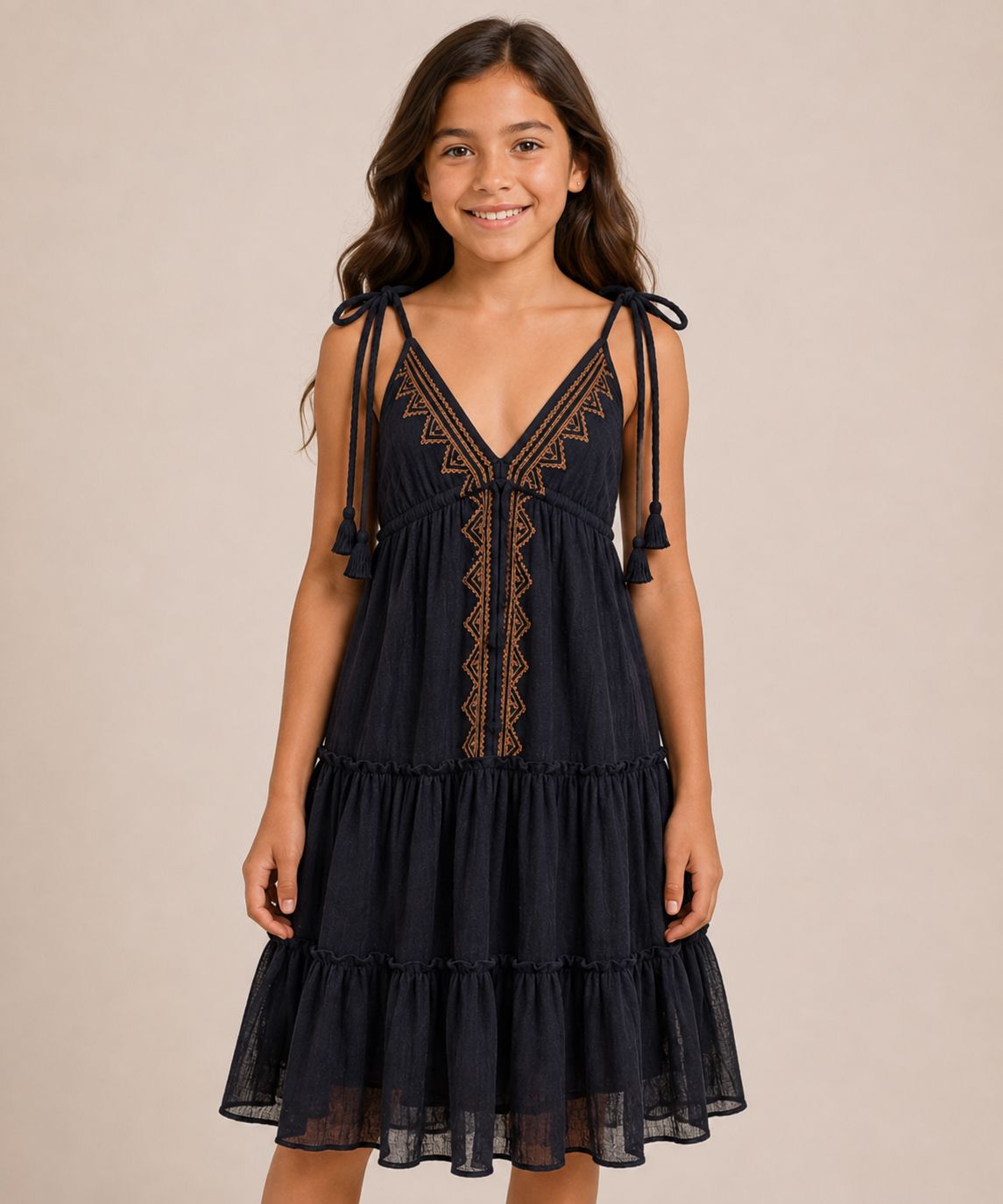Embroidered Tiered Dress with Tie Straps