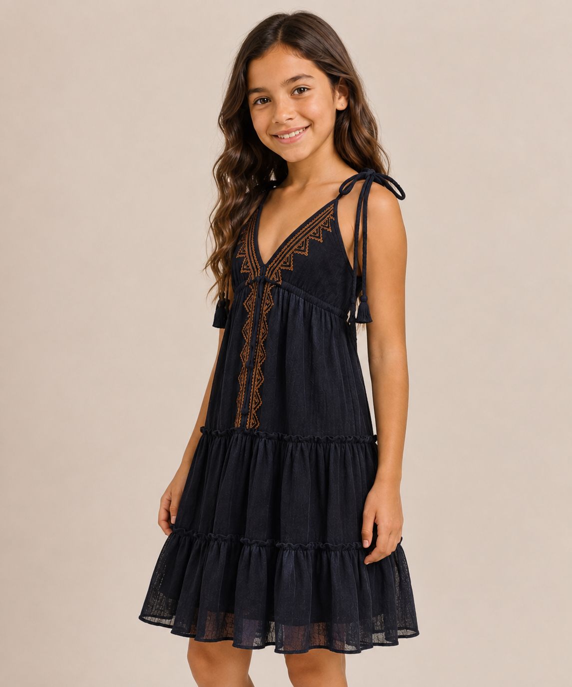 Embroidered Tiered Dress with Tie Straps