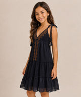 Embroidered Tiered Dress with Tie Straps