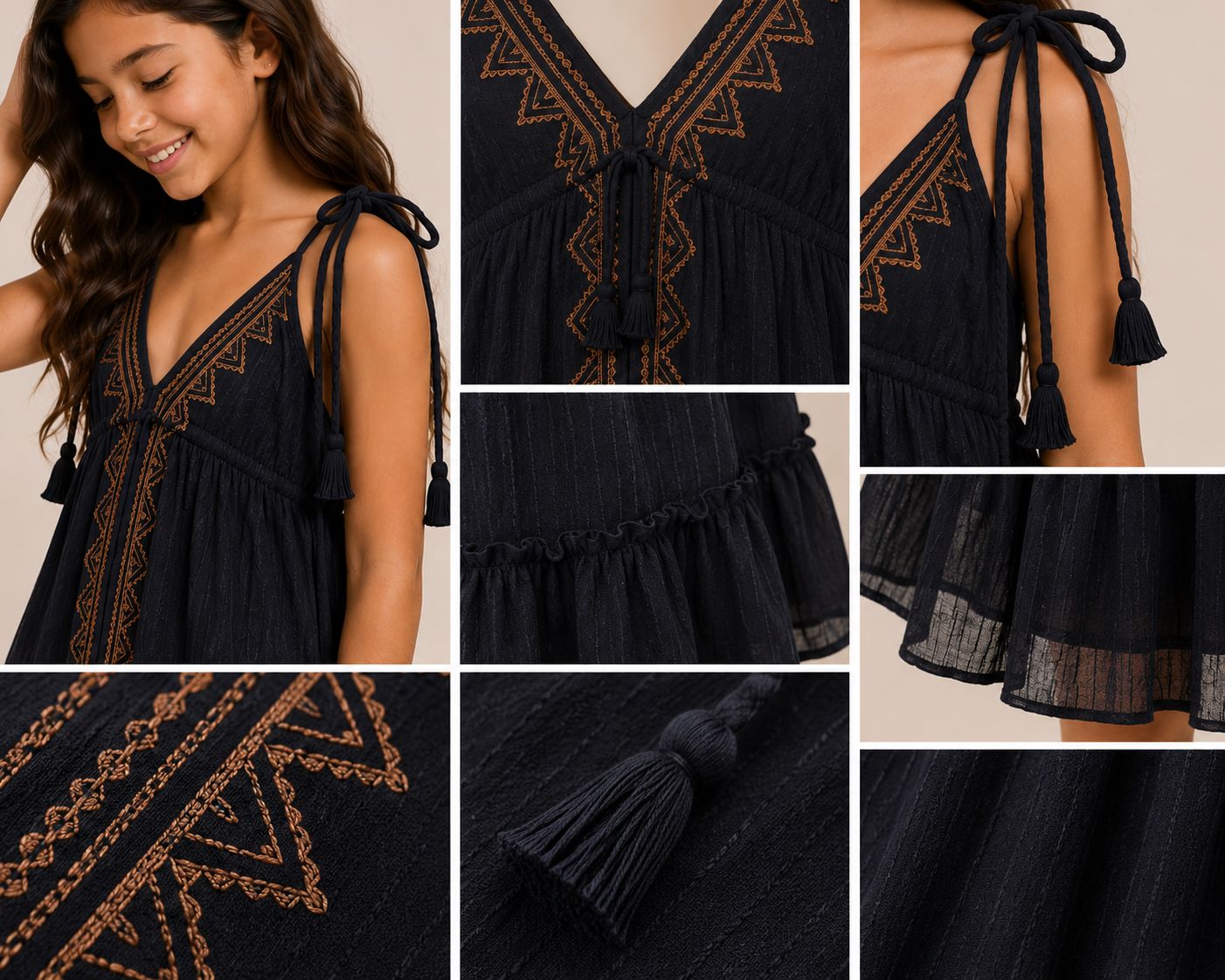 Embroidered Tiered Dress with Tie Straps