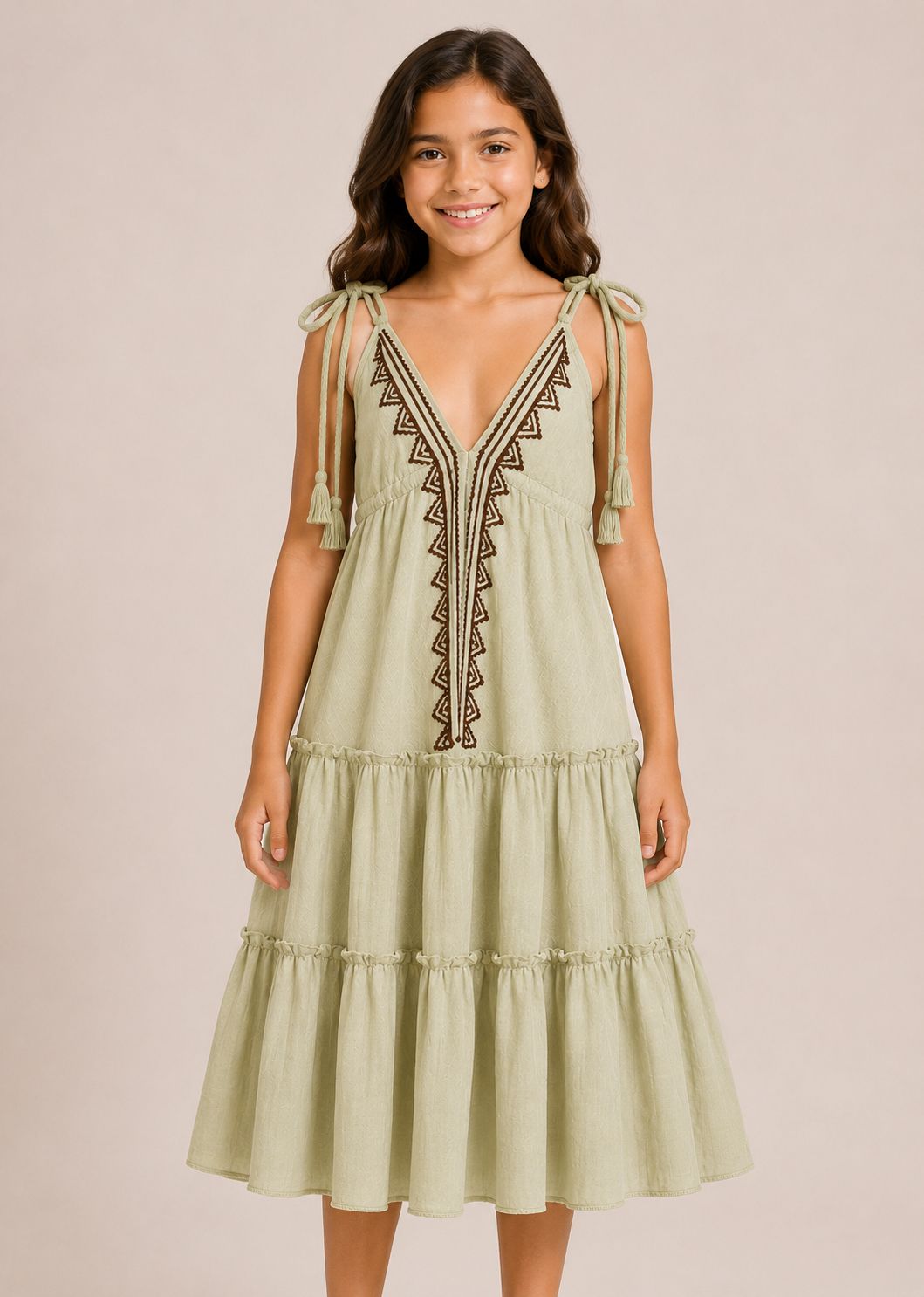Embroidered Tiered Dress with Tie Straps
