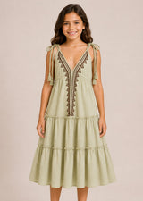 Embroidered Tiered Dress with Tie Straps