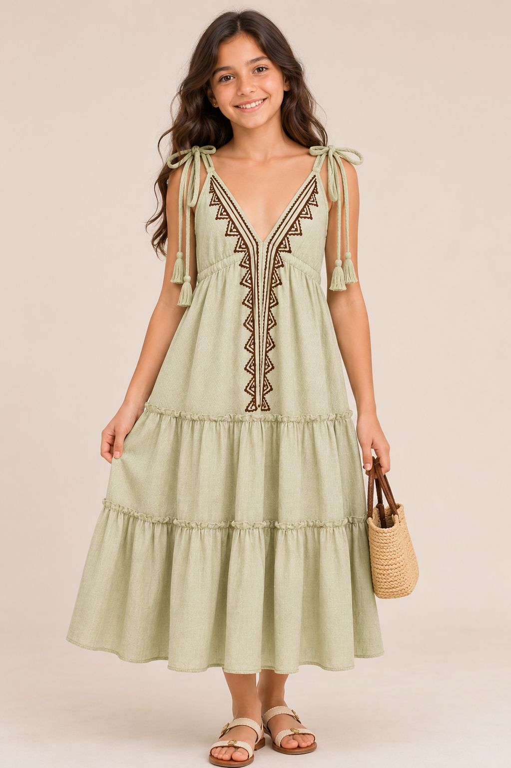 Embroidered Tiered Dress with Tie Straps