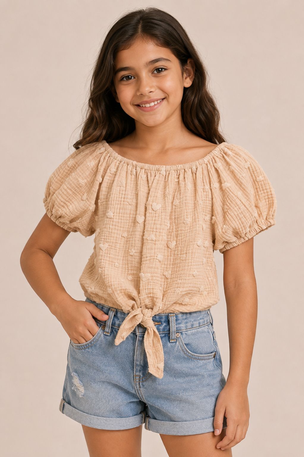 Kids Puff Sleeve Tie-Front Top