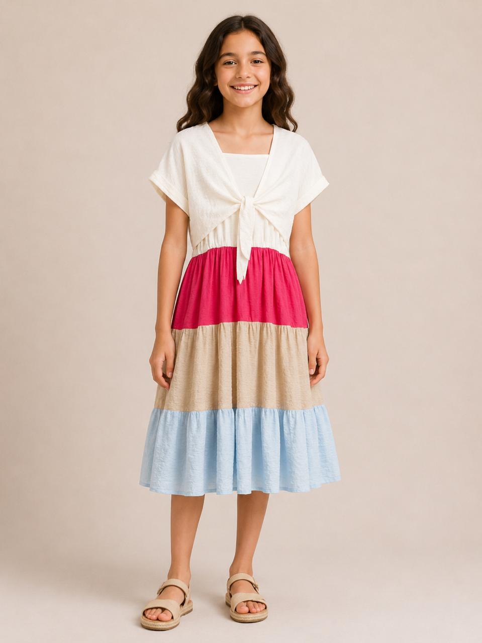 Tiered Midi Dress with Tie-Front Top