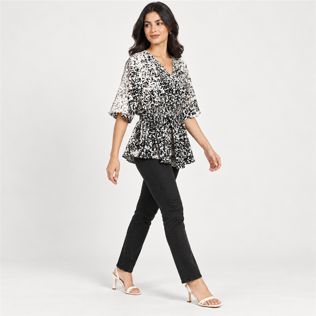 Women Speckled Print Drawstring-Waist Blouse