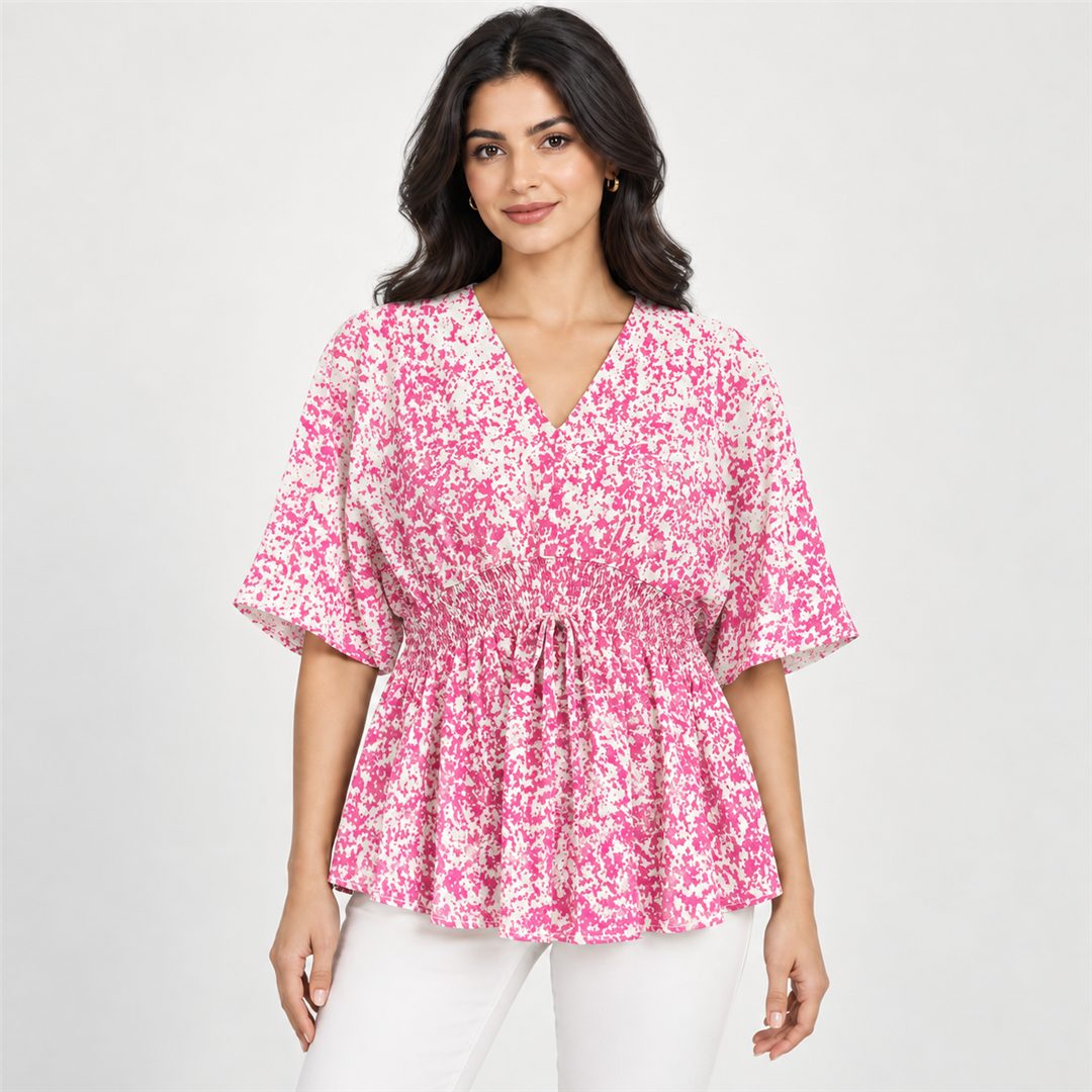 Women Speckled Print Drawstring-Waist Blouse