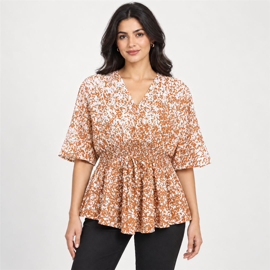 Women Speckled Print Drawstring-Waist Blouse