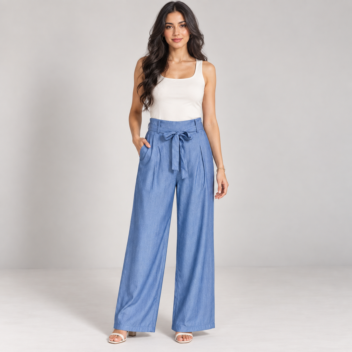 Women Denim Blue Wide-Leg Tie-Waist Trousers
