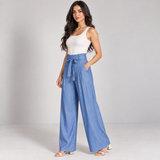 Women Denim Blue Wide-Leg Tie-Waist Trousers
