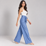 Women Denim Blue Wide-Leg Tie-Waist Trousers