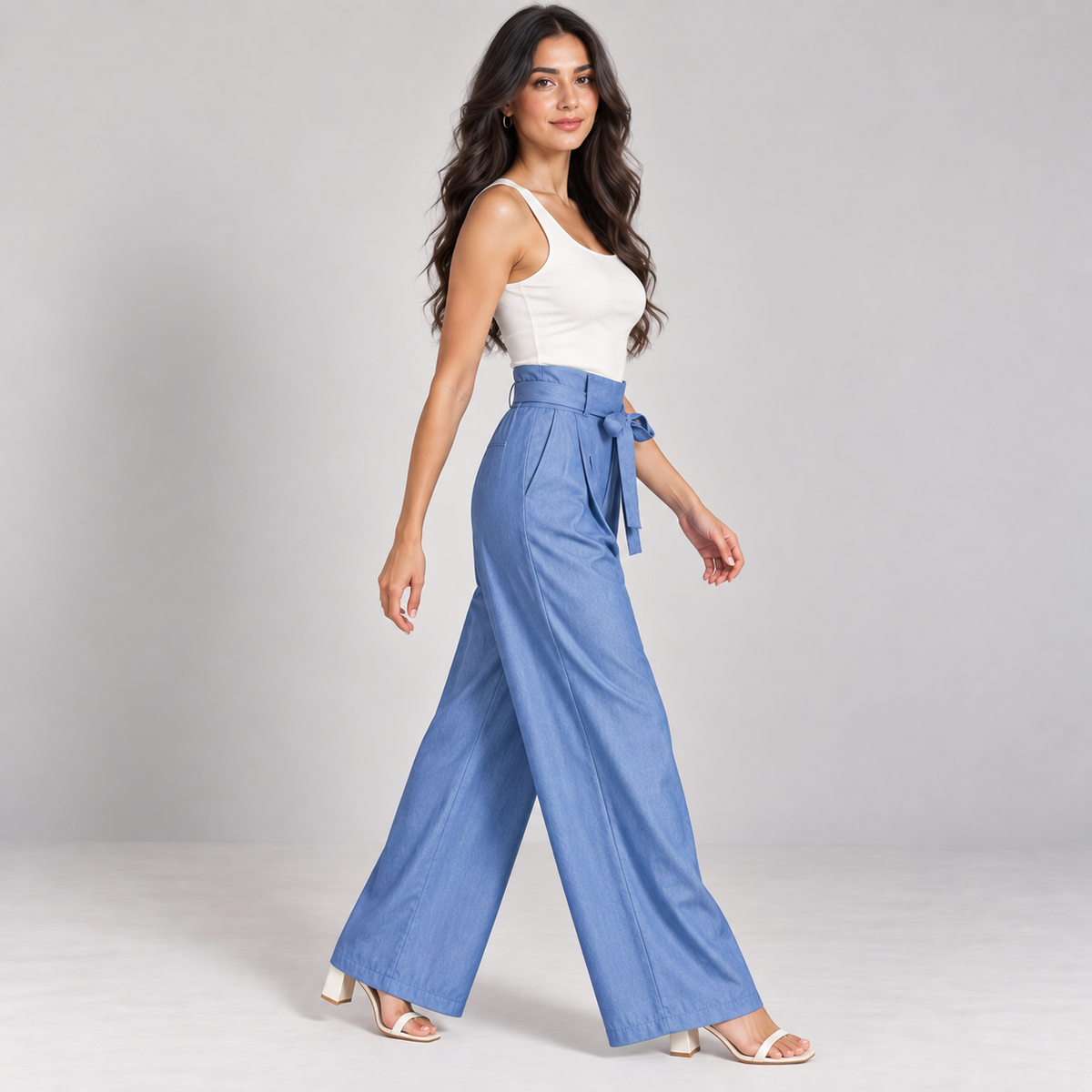 Women Denim Blue Wide-Leg Tie-Waist Trousers