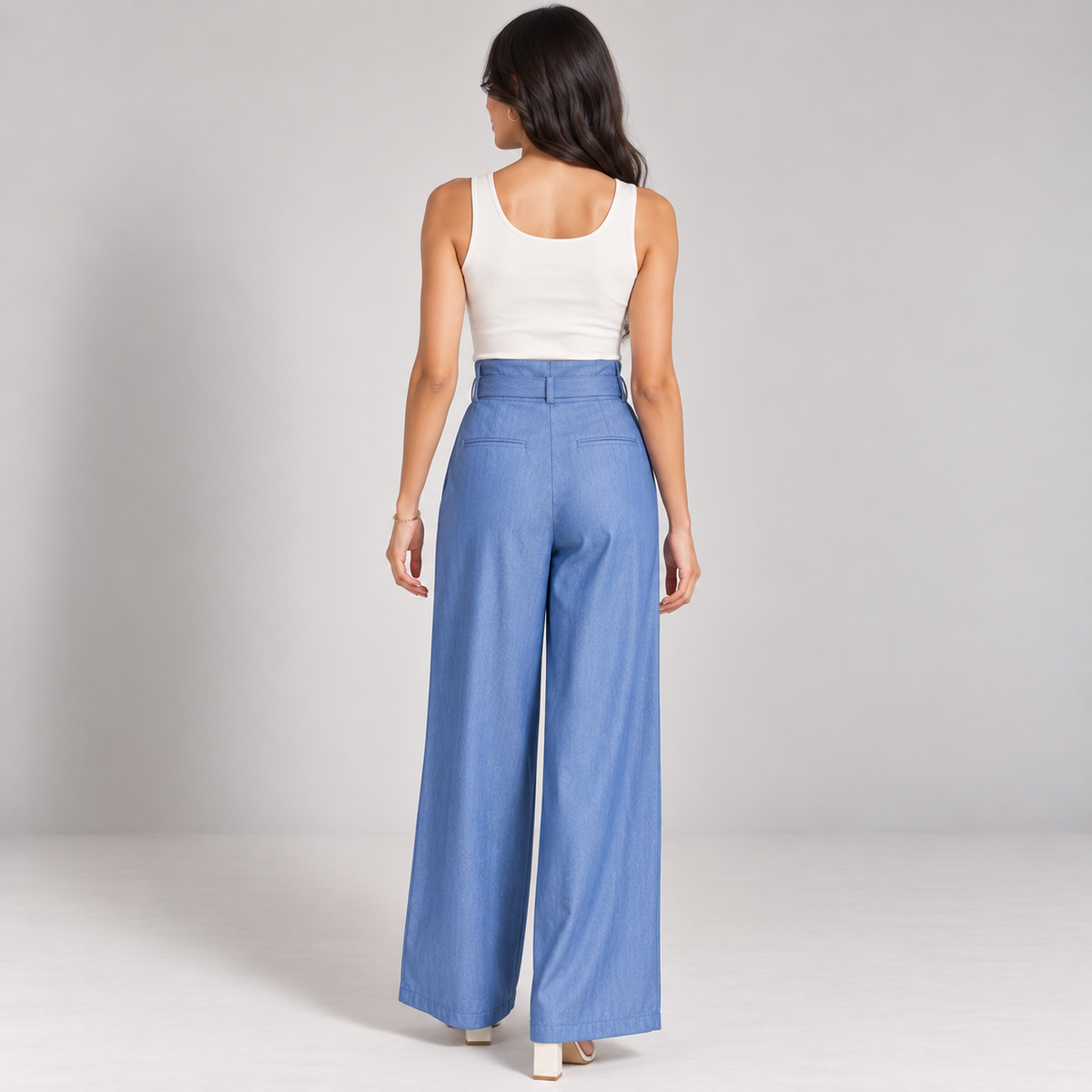 Women Denim Blue Wide-Leg Tie-Waist Trousers