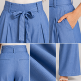 Women Denim Blue Wide-Leg Tie-Waist Trousers