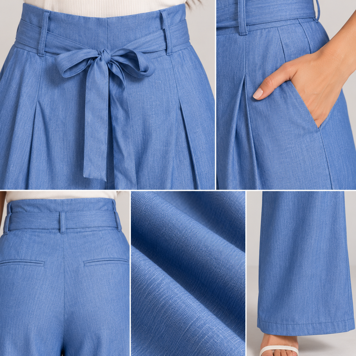 Women Denim Blue Wide-Leg Tie-Waist Trousers