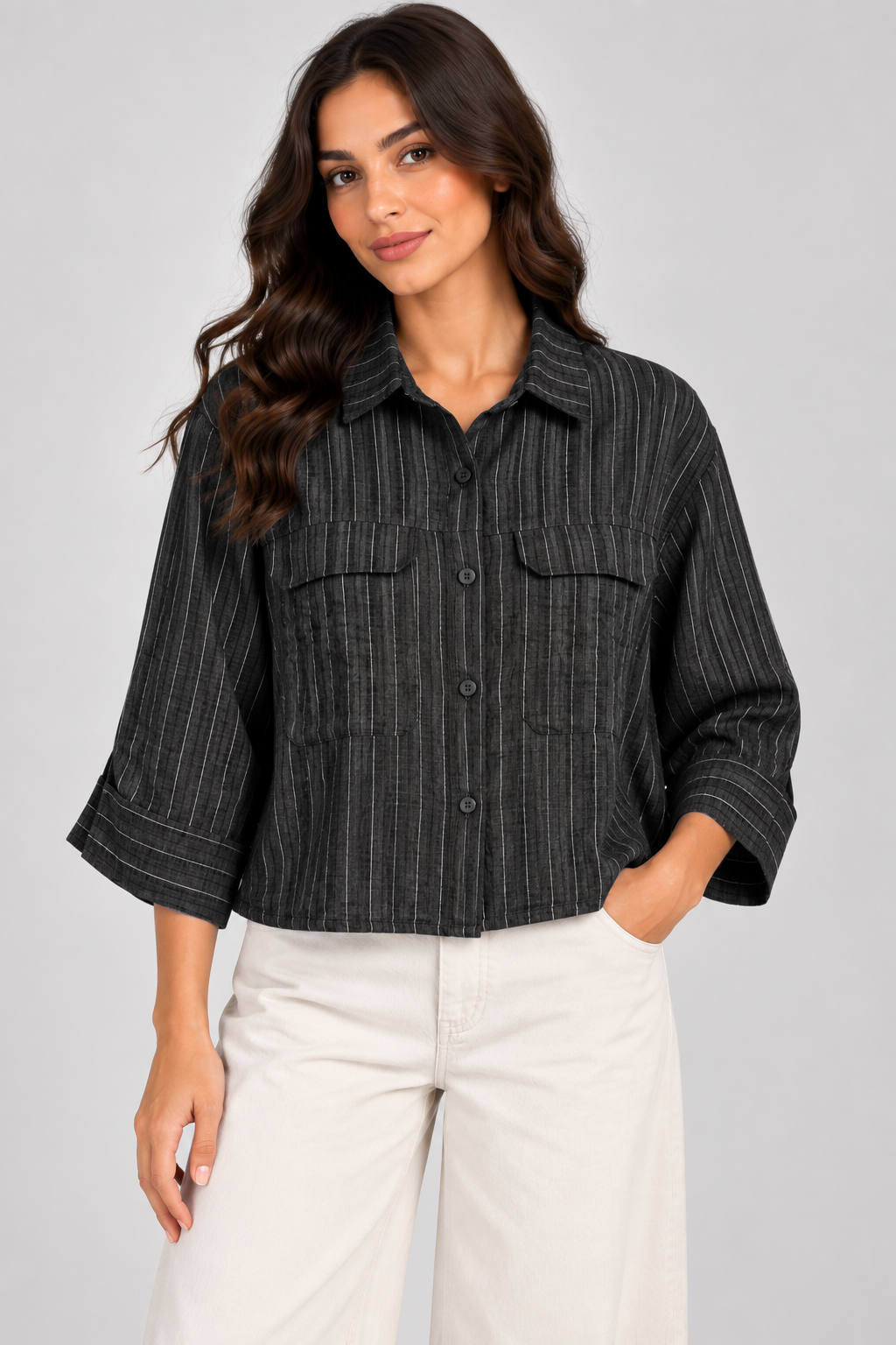 Women Striped Linen-Blend Utility Shirt