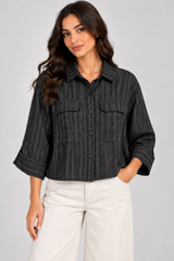 Women Striped Linen-Blend Utility Shirt