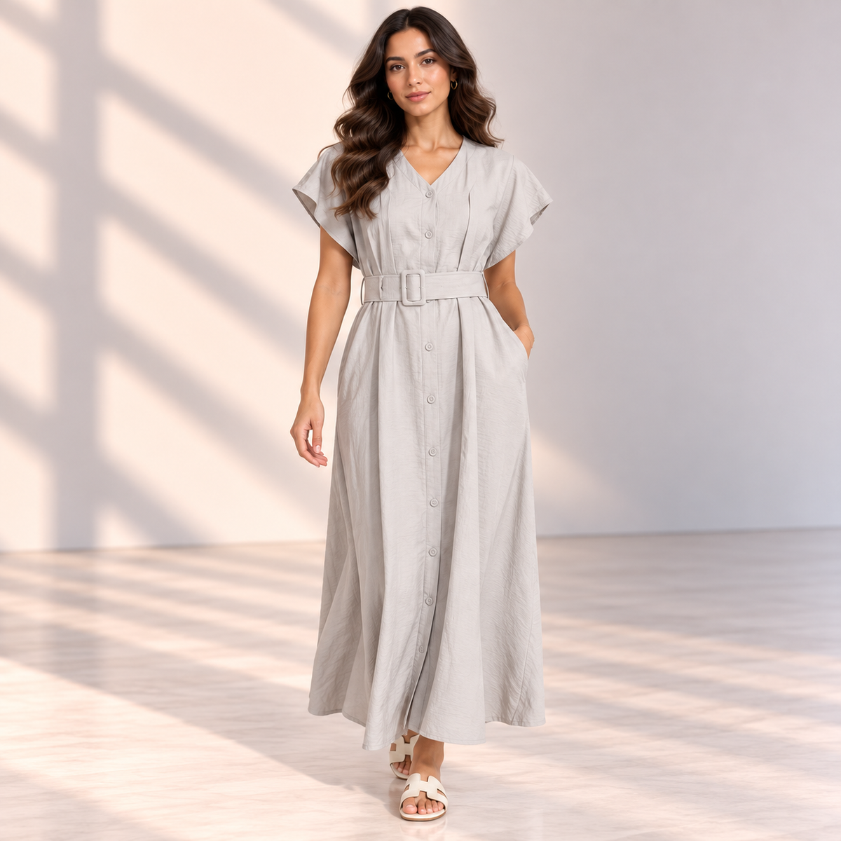 Women Button-Front Flutter Sleeve Midi Dress
