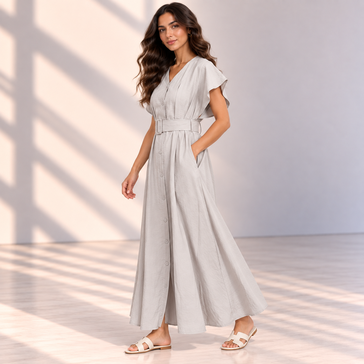 Women Button-Front Flutter Sleeve Midi Dress