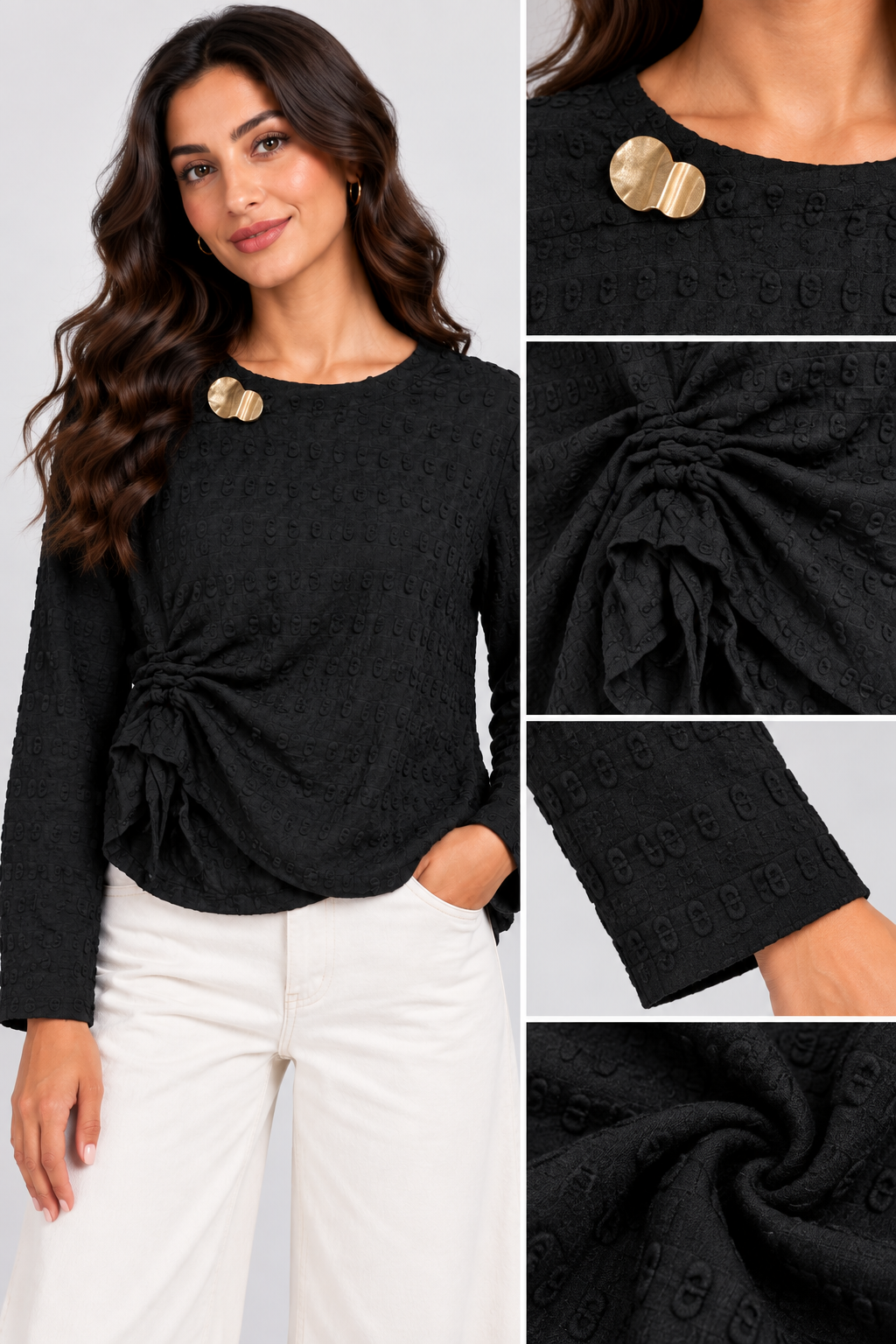 Women Textured Long-Sleeve Top with Side Tie