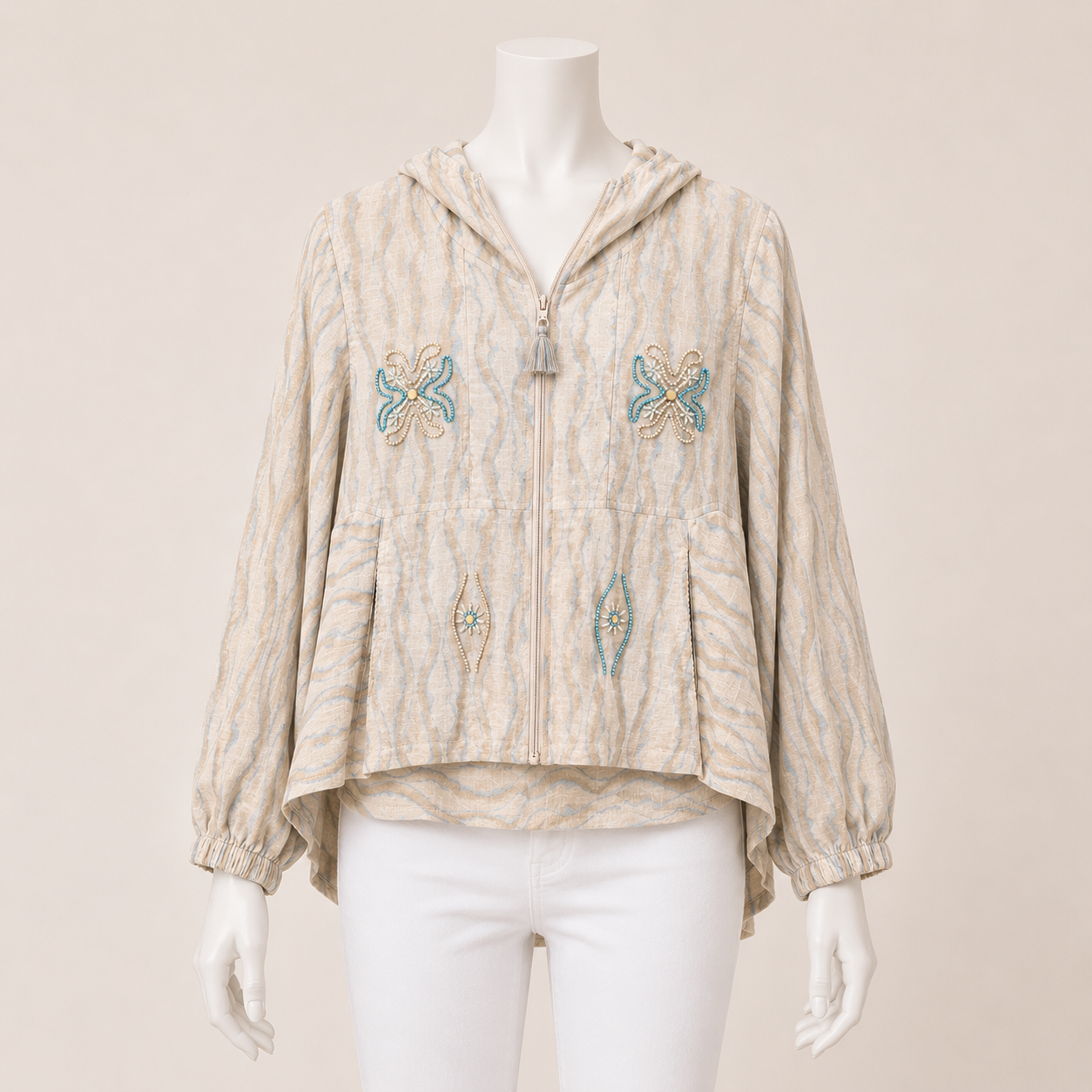Embroidered Hooded Zip Blouse